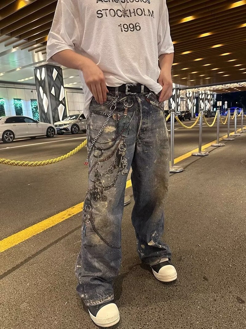 24 صناعة ثقيلة طباعة بصرية ثلاثية الأبعاد علامة تجارية عصرية أسلوب الشارع جينز مستقيم للرجال والنساء - Image 3